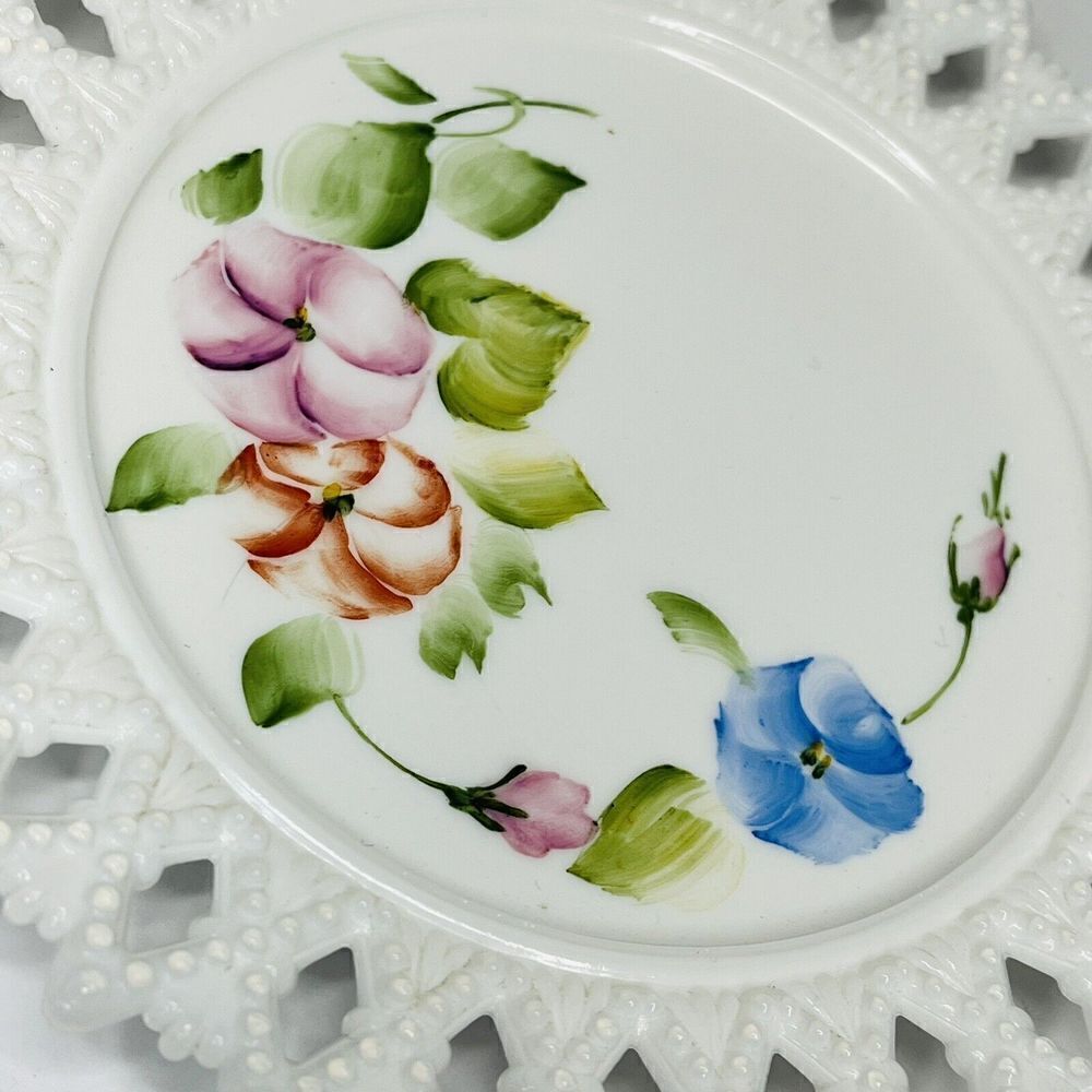 Vintage Milk Glass Plate Open Lace Edge Hand Painted ROSES 6 Inch Diameter - Picture 2 of 4